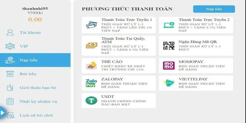 Nạp tiền bằng hình thức ví điện tử tại Jun88