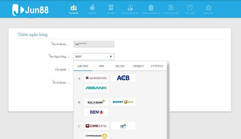 Rút tiền về tài khoản tại Jun88